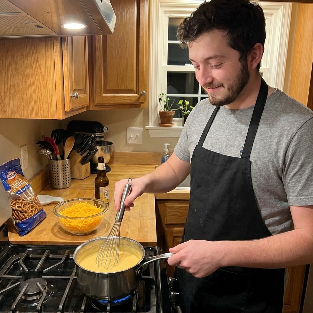A real photograph of a small saucepan on a stovetop filled with smooth beer cheese dip being whisked, with shredded cheddar and a bottle of beer nearby on the counter, warm kitchen lighting
