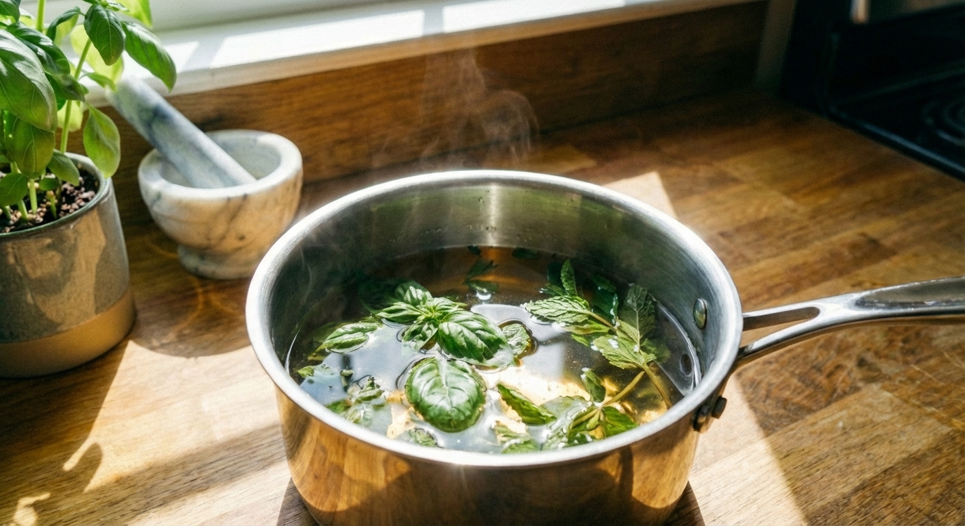 A real photograph of a small saucepan with clear simple syrup and fresh herbs steeping off the heat on a stovetop