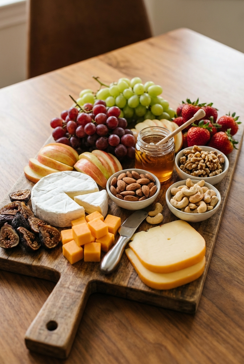 A real photograph of a snack board with fruit, nuts, and cheese on a wooden board