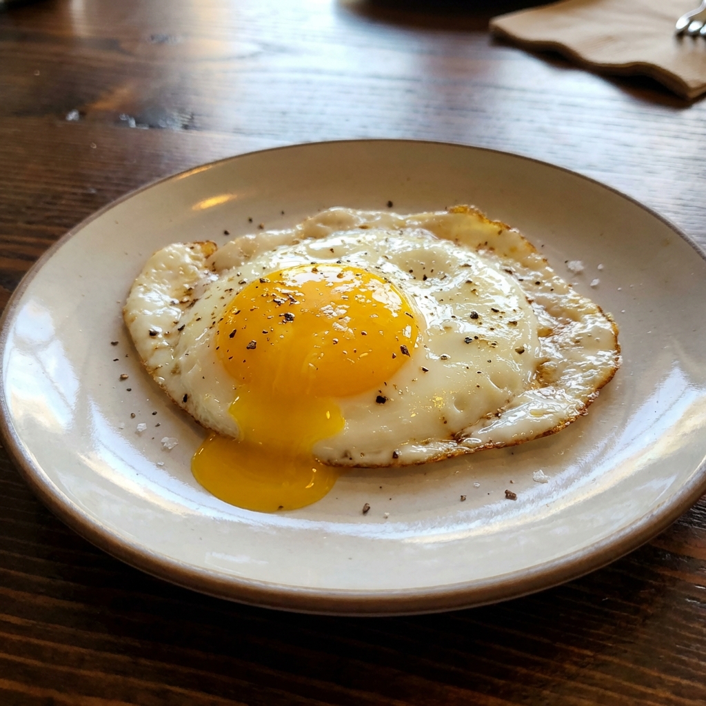 A real photograph of a soft fried egg with a runny yolk on a plate