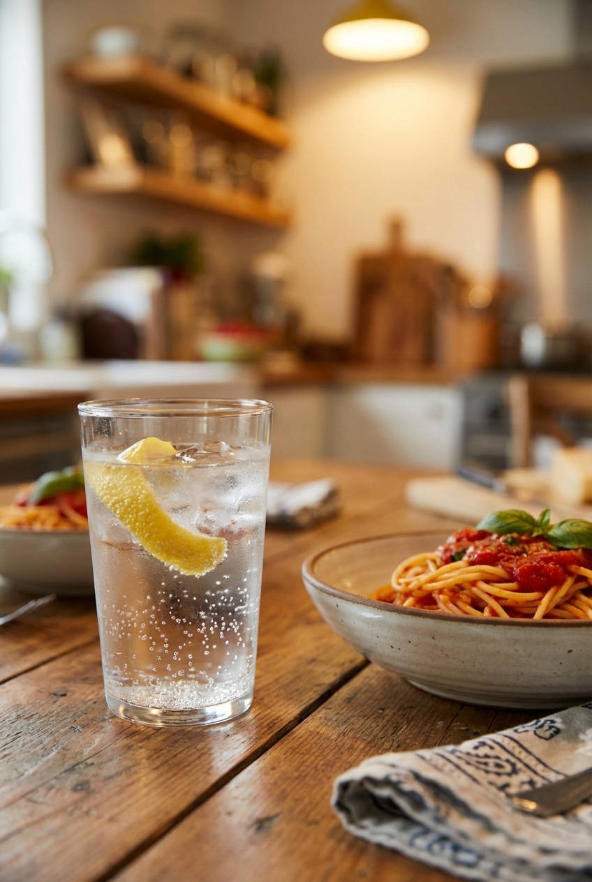 A real photograph of a sparkling water drink with lemon peel in a glass next to a bowl of pasta on a dinner table