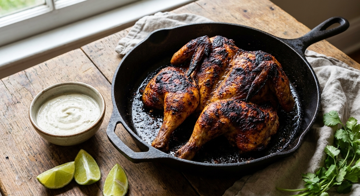 A real photograph of a spatchcock peri peri chicken with charred edges resting in a cast iron skillet, with a small bowl of garlic-lime sauce and lime wedges on a wooden table