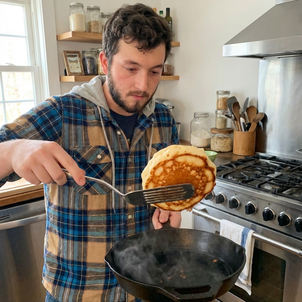 A real photograph of a spatula flipping a fluffy pancake in a skillet with golden brown edges