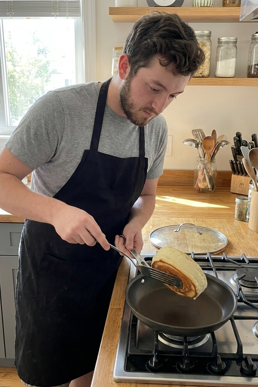 A real photograph of a spatula flipping a tall Japanese soufflé pancake in a nonstick skillet with a lid nearby