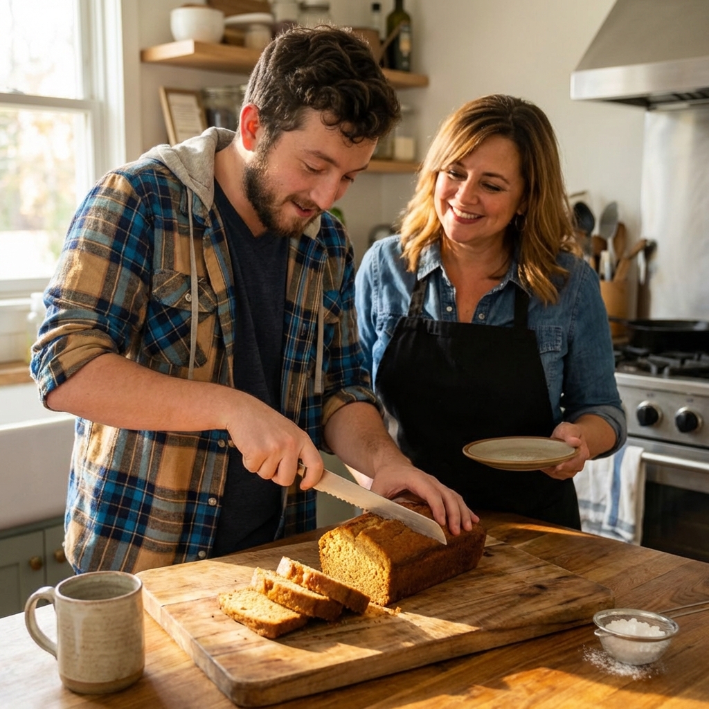 A real photograph of a spiced pound cake sliced on a wooden cutting board with a knife nearby and warm natural light