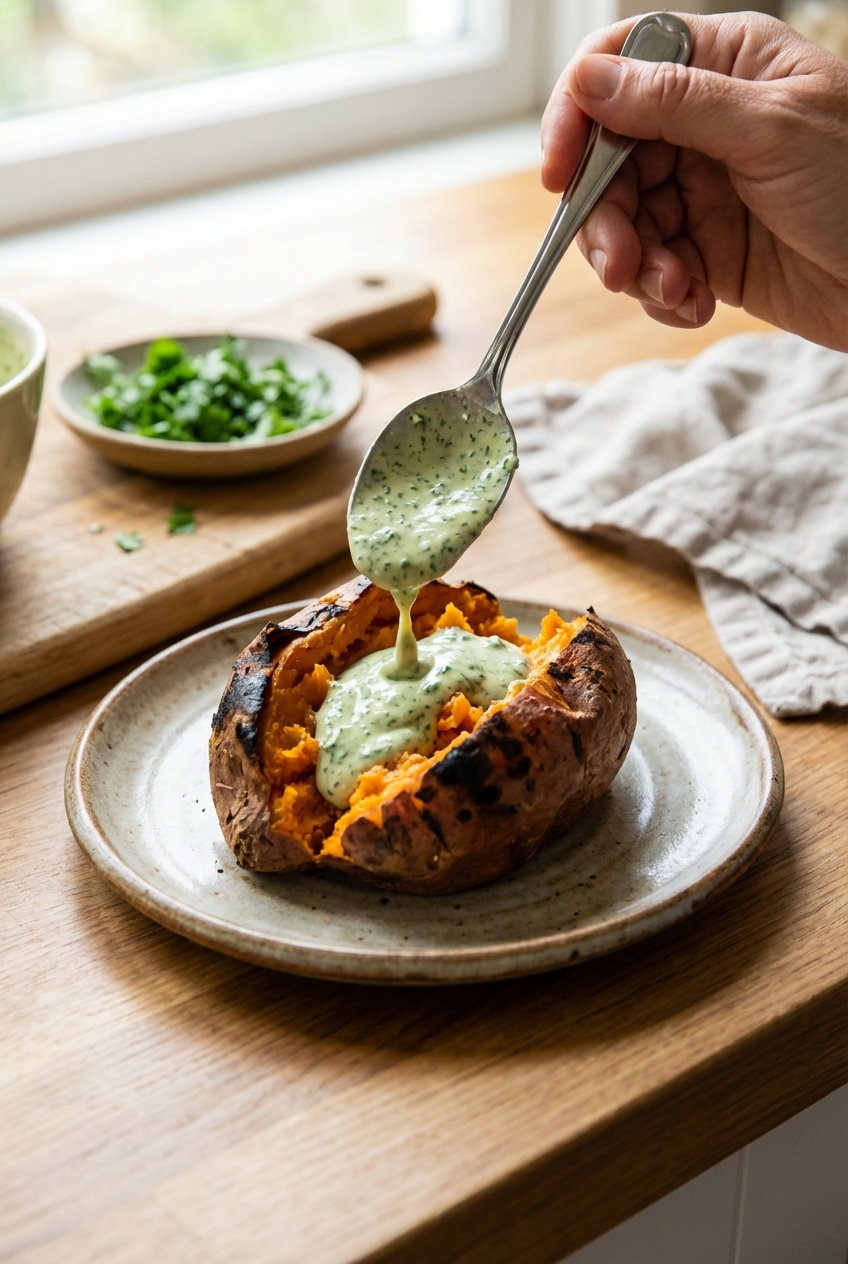 A real photograph of a spoon drizzling creamy herb sauce over a split roasted sweet potato on a plate