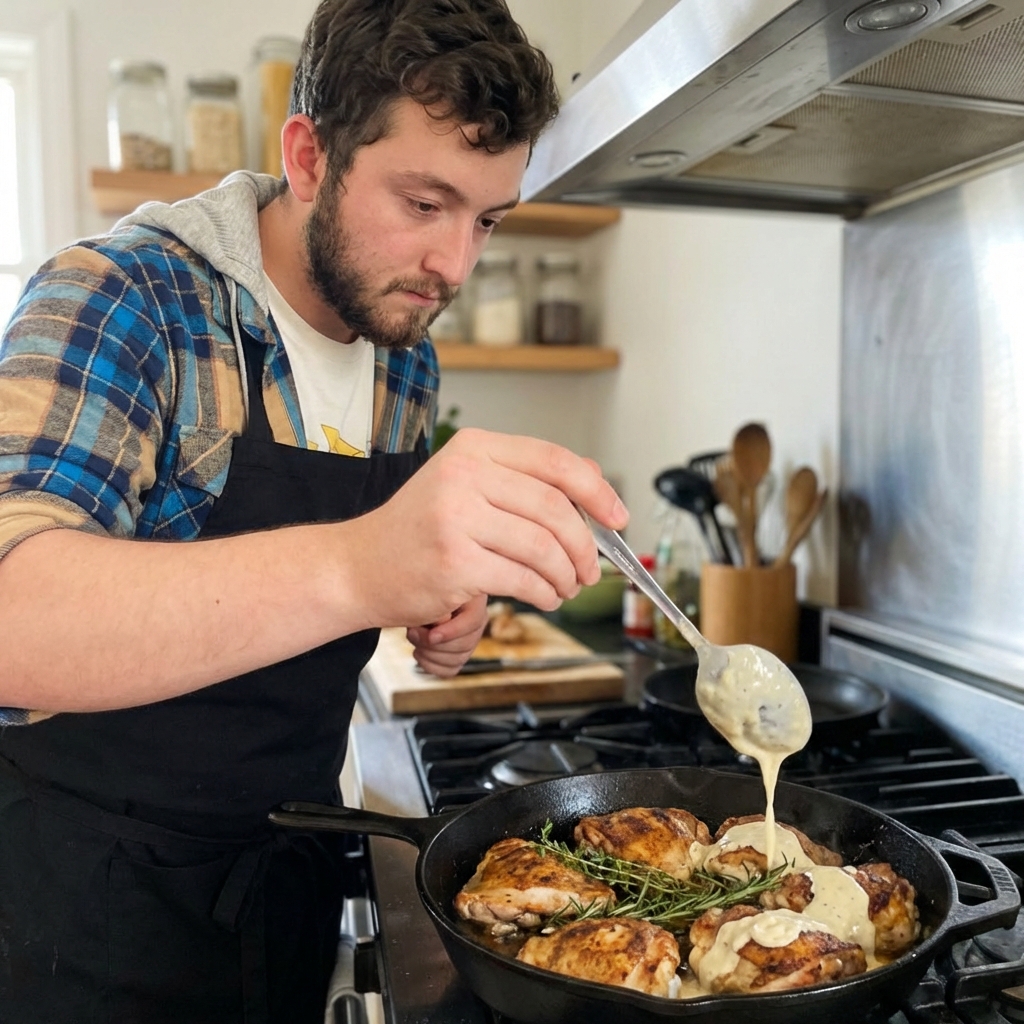 A real photograph of a spoon drizzling creamy sauce over cooked chicken thighs in a skillet