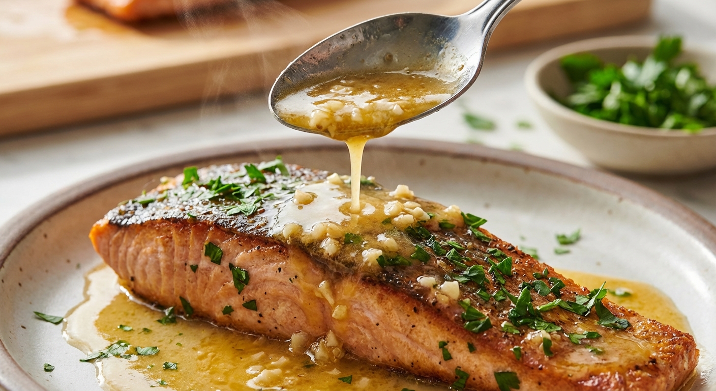 A real photograph of a spoon drizzling glossy garlic butter sauce over a plated salmon fillet with parsley