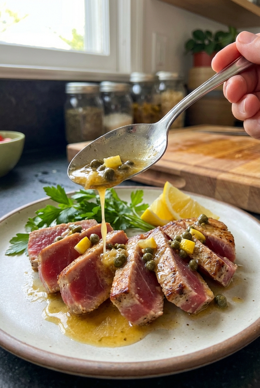 A real photograph of a spoon drizzling lemon caper butter sauce over sliced tuna steak on a plate