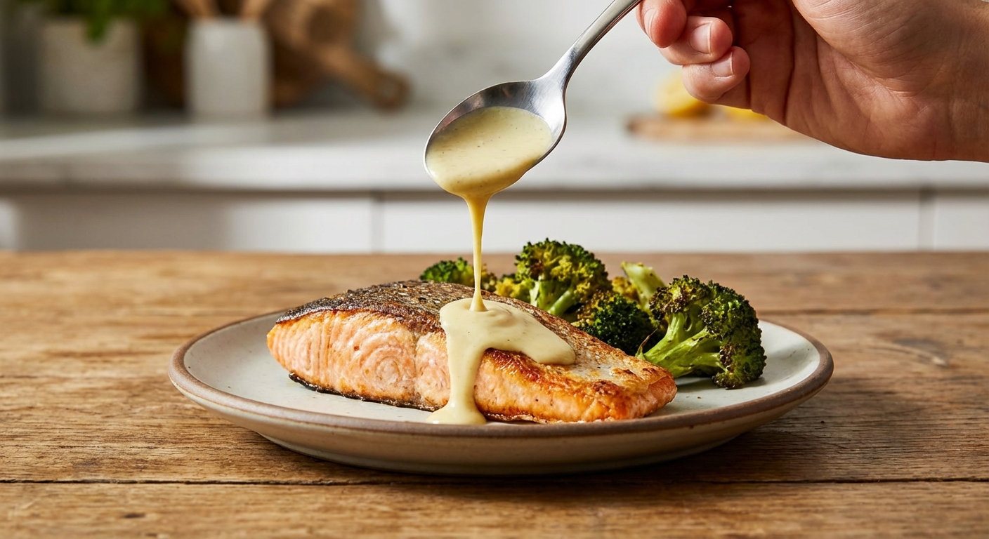 A real photograph of a spoon drizzling lemon tahini sauce over a roasted salmon fillet with broccoli on a plate