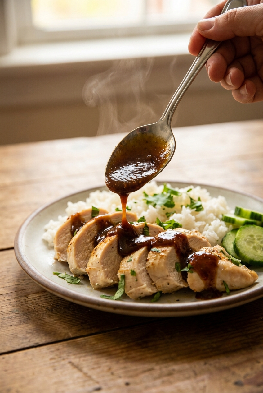 A real photograph of a spoon drizzling tangy sweet sauce over sliced chicken on steamed rice