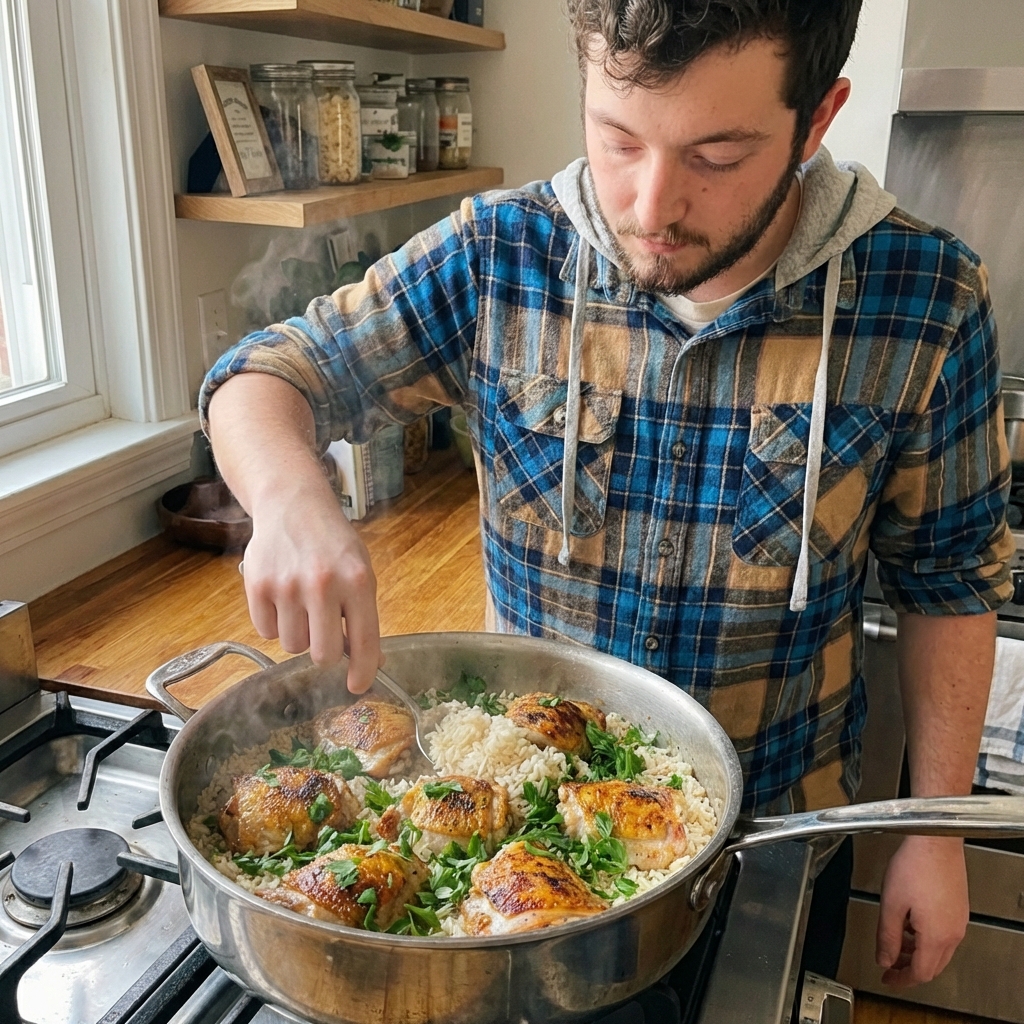 A real photograph of a spoon fluffing cooked rice in a saucepan with chicken thighs on top and fresh parsley scattered over