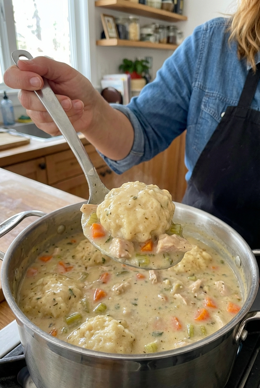 A real photograph of a spoon lifting a fluffy dumpling from a pot of creamy chicken stew, with chunks of chicken and carrots clinging to the spoon