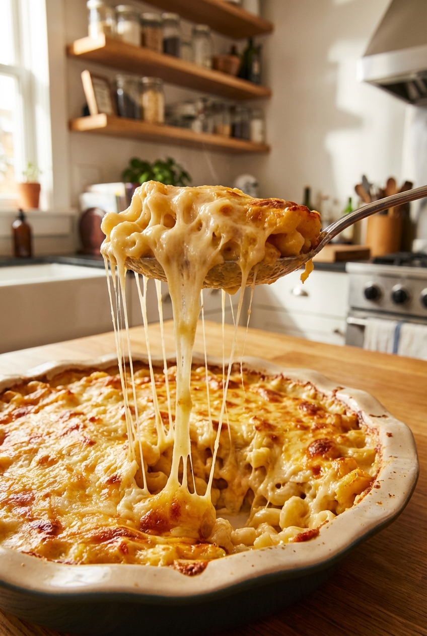 A real photograph of a spoon lifting a stretchy scoop of mac and cheese from a baking dish
