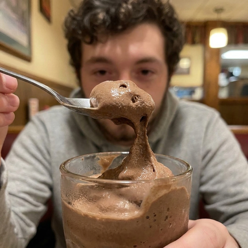 A real photograph of a spoon lifting a thick, creamy chocolate Frosty-style dessert from a glass, showing its soft-serve texture