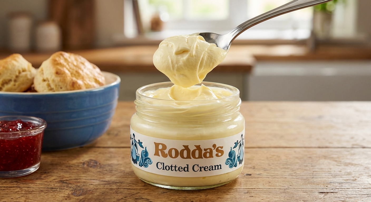 A real photograph of a spoon lifting a thick scoop of clotted cream from a jar, showing its dense, silky texture