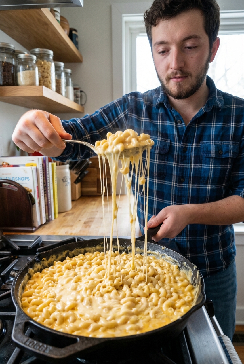 A real photograph of a spoon lifting creamy macaroni and cheese from a skillet, showing stretchy cheese and glossy sauce