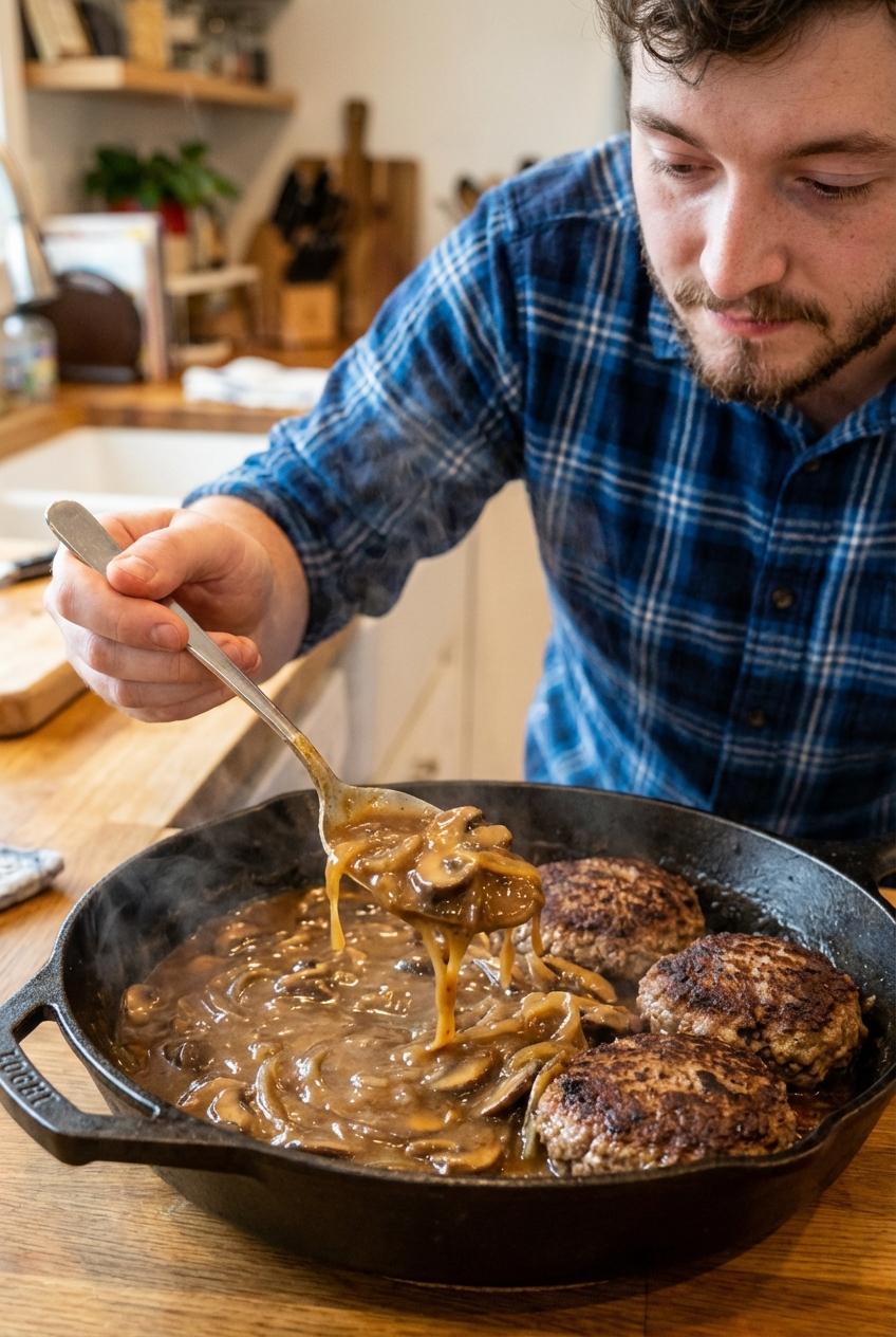 A real photograph of a spoon lifting glossy onion mushroom gravy from a skillet next to browned hamburger steaks