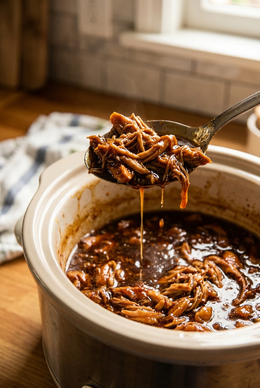A real photograph of a spoon lifting shredded honey garlic chicken from a slow cooker, with sauce dripping back into the pot