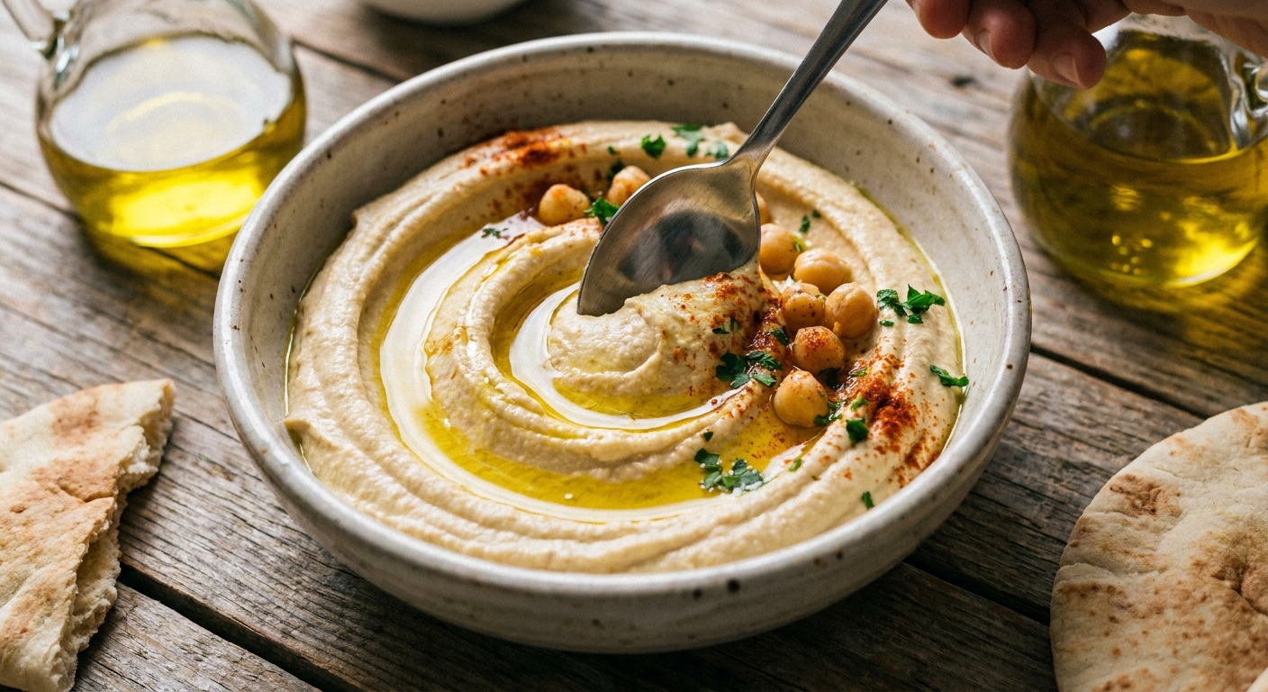 A real photograph of a spoon making a swirl in smooth hummus in a ceramic bowl, with a drizzle of olive oil pooling in the groove and a few chickpeas on top