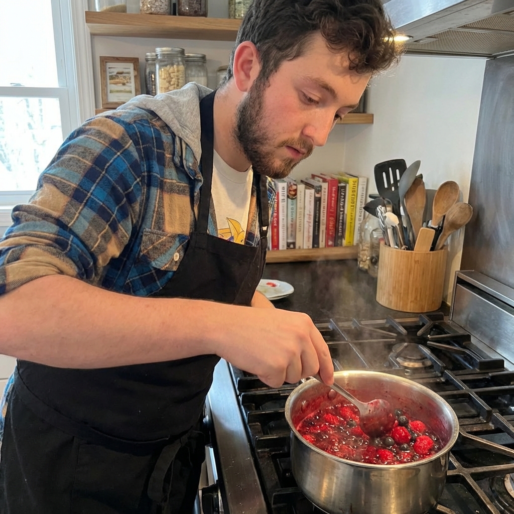 A real photograph of a spoon mashing warm berries in a small saucepan as the sauce thickens on the stovetop