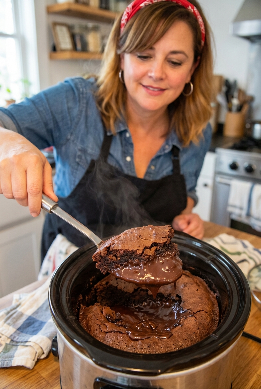 A real photograph of a spoon scooping a serving of chocolate lava cake from a slow cooker, showing cake on top and fudge sauce underneath
