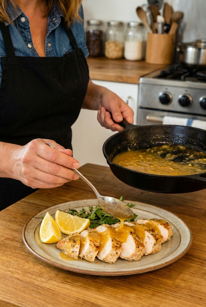 A real photograph of a spoon scooping citrus pan sauce from the skillet over sliced chicken on a plate, with lemon wedges nearby