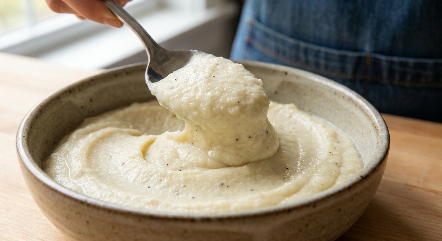 A real photograph of a spoon scooping creamy mashed cauliflower from a bowl, showing a smooth, velvety texture with tiny specks of black pepper