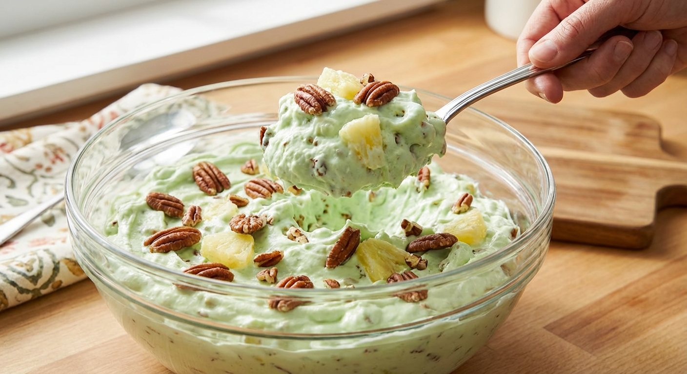 A real photograph of a spoon scooping pale green Watergate salad from a serving bowl, showing toasted nuts and pineapple pieces in the scoop