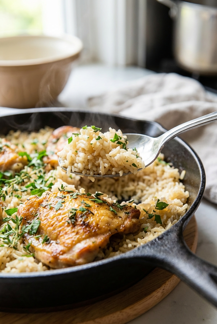 A real photograph of a spoon scooping tender rice from a skillet with a chicken thigh on top and flecks of fresh herbs