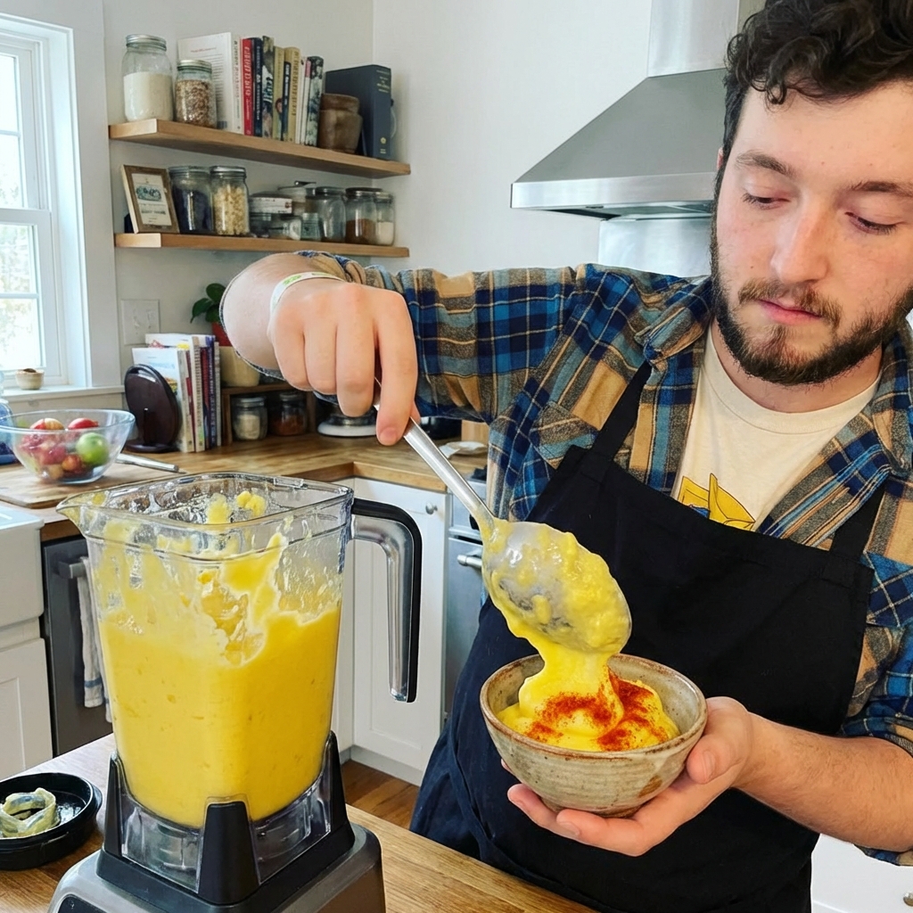 A real photograph of a spoon scooping thick pineapple soft serve from a blender into a small bowl with a dusting of smoked paprika