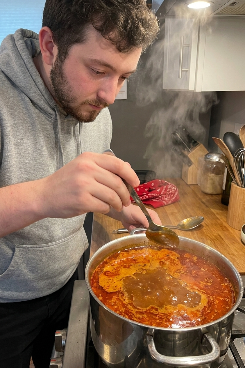 A real photograph of a spoon skimming reddish orange fat from the surface of a pot of birria consomé, steam rising