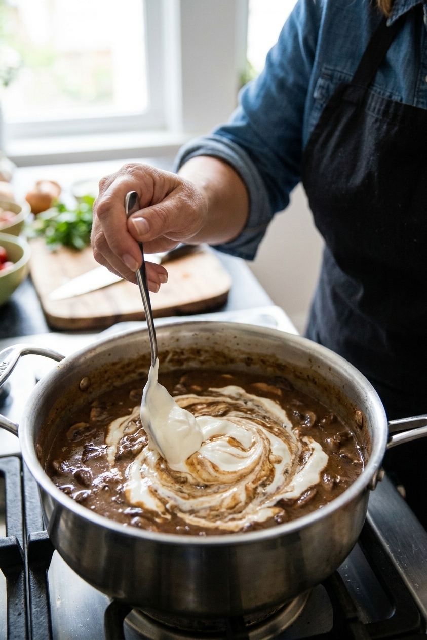 A real photograph of a spoon stirring sour cream into a pot of beef and mushroom stroganoff sauce, showing a creamy swirl forming, close-up kitchen scene