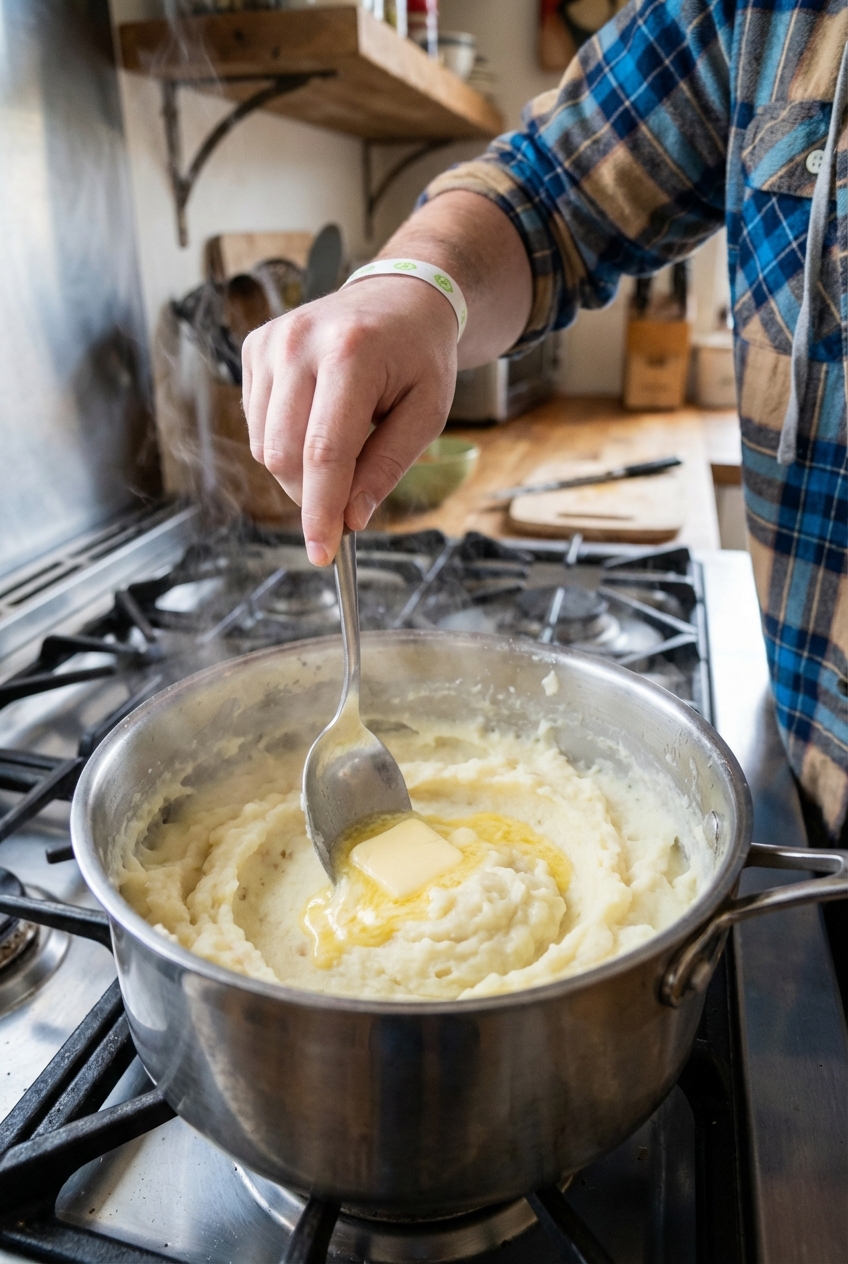 A real photograph of a spoon swirling butter into a pot of hot mashed potatoes on a stovetop