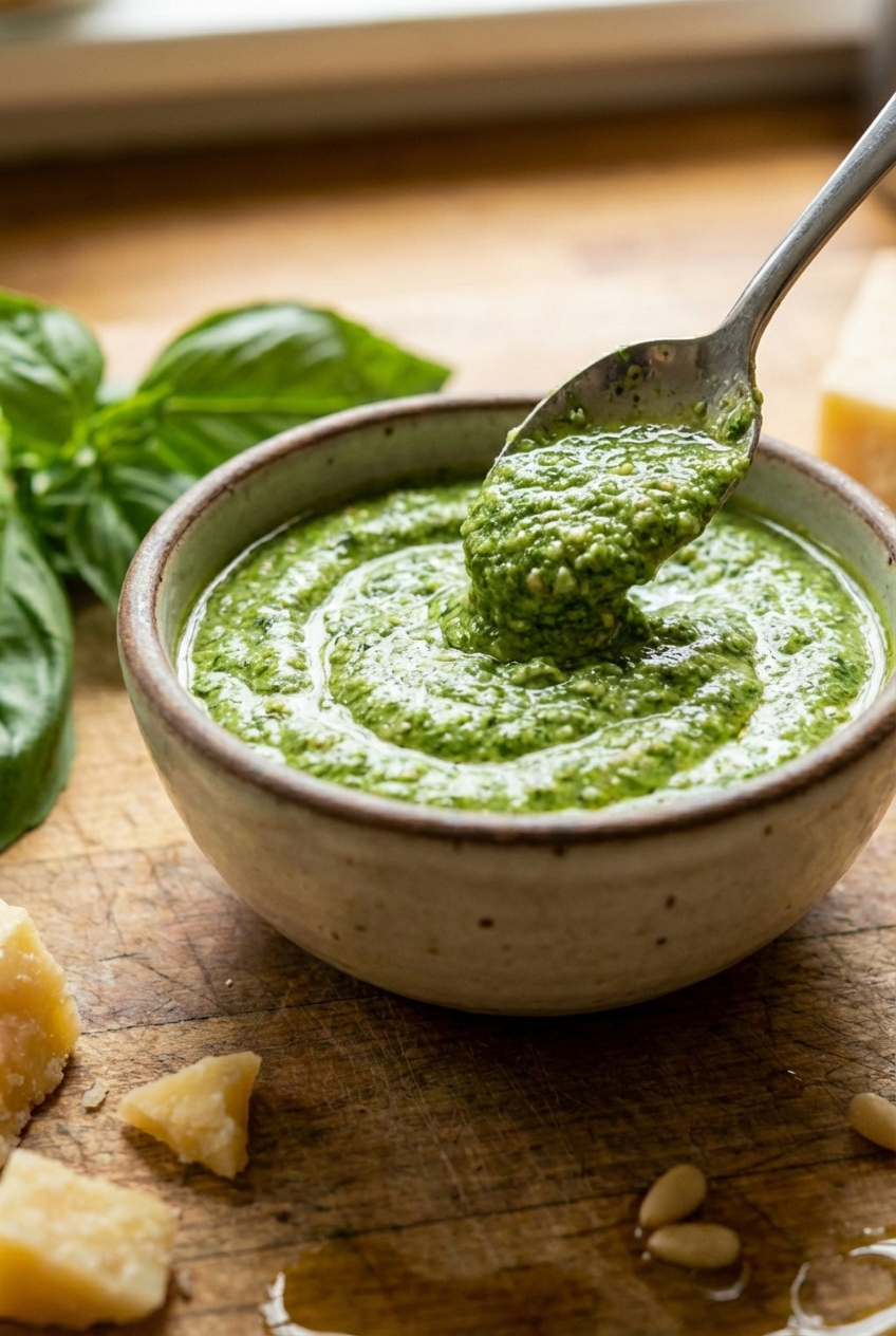 A real photograph of a spoon swirling creamy pesto in a bowl showing its thick, glossy texture