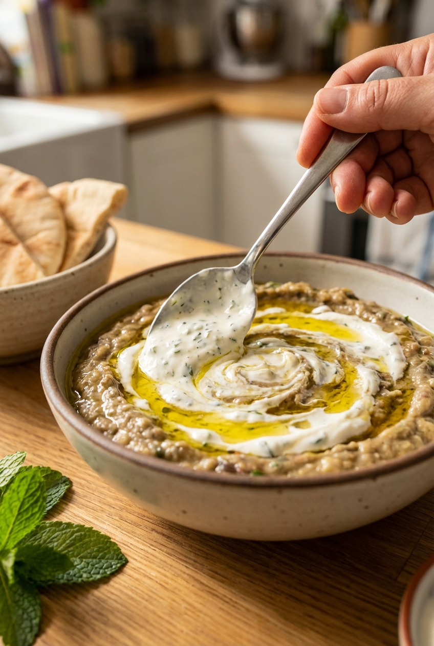 A real photograph of a spoon swirling herb yogurt into a bowl of baba ganoush with olive oil glistening on top