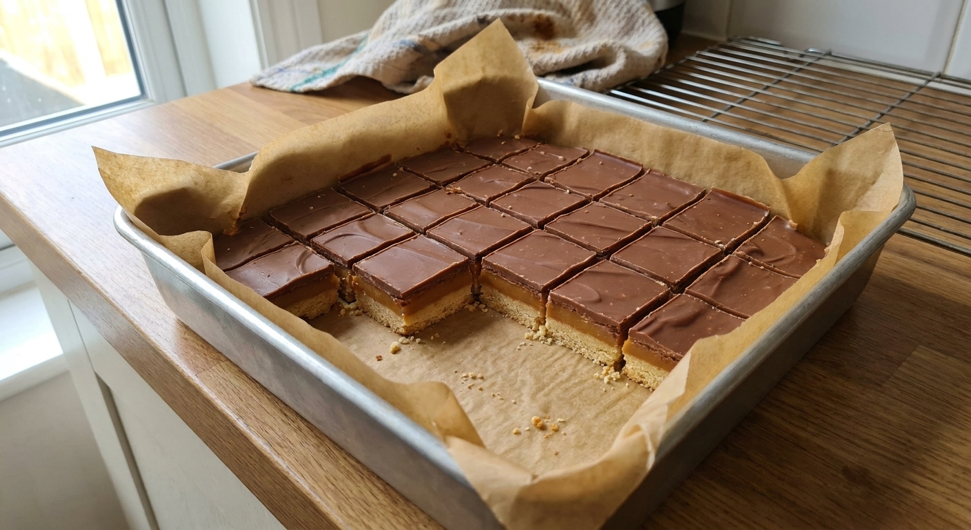 A real photograph of a square baking pan lined with parchment paper holding neatly layered caramel shortbread bars, showing clean edges and sharp corners