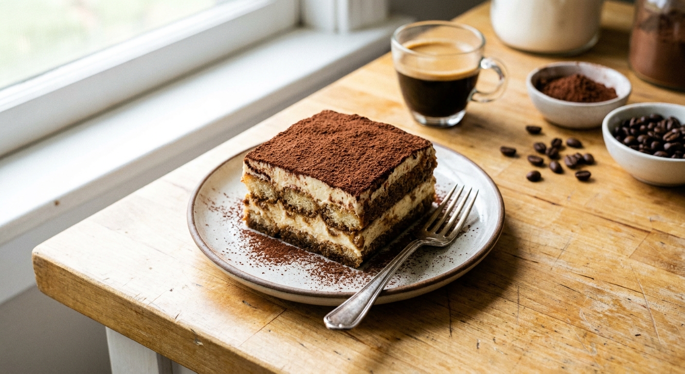 A real photograph of a square slice of classic tiramisu on a small dessert plate, with distinct layers of espresso-soaked ladyfingers and mascarpone cream, dusted with cocoa powder, set on a bright kitchen countertop
