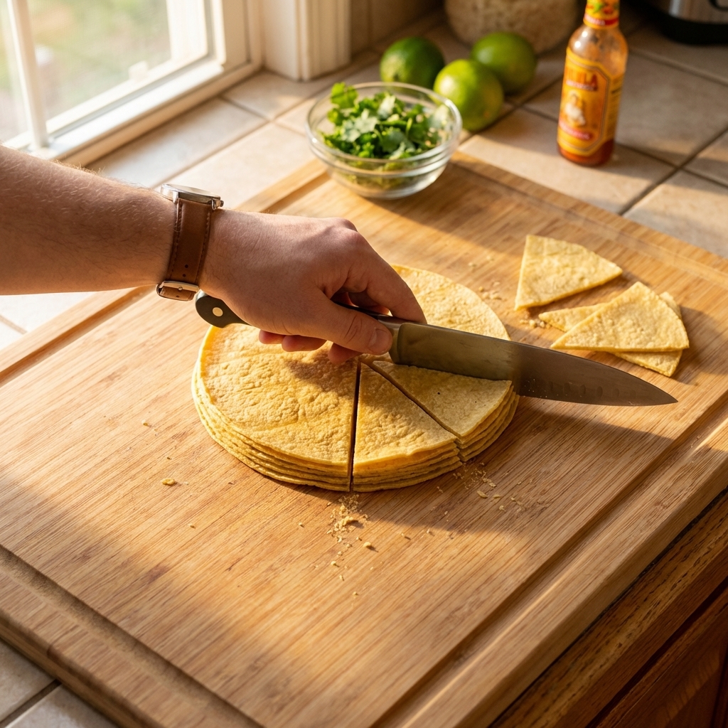 A real photograph of a stack of corn tortillas on a cutting board with a chef's knife slicing them into triangles, top-down view in a home kitchen with warm natural light