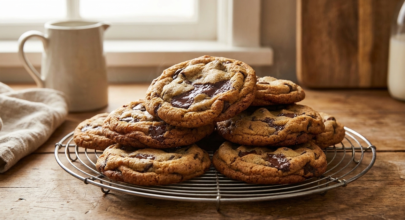 A real photograph of a stack of thick, chewy chocolate chip cookies on a cooling rack with visible melted chocolate chunks and golden crisp edges, cozy kitchen lighting