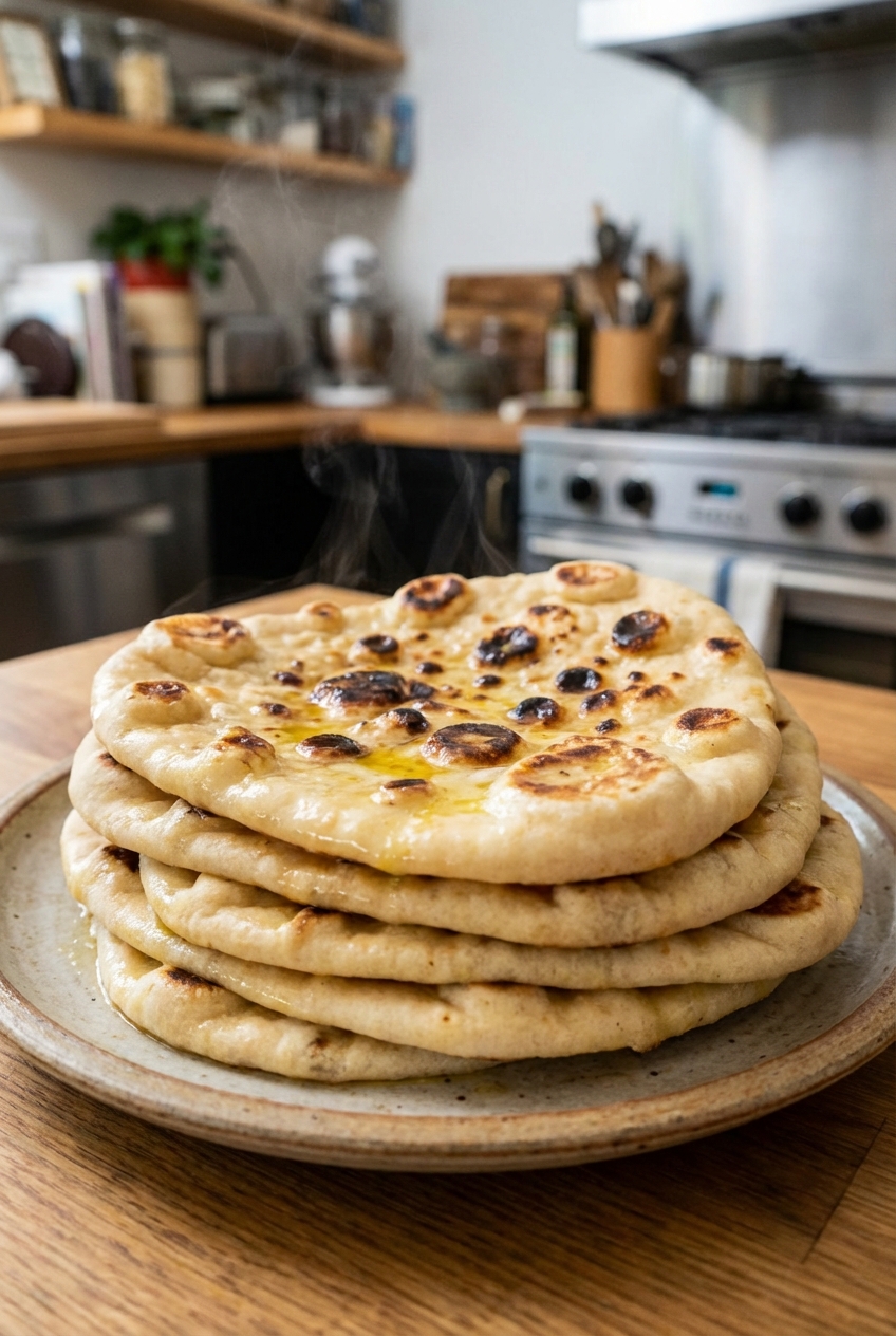 A real photograph of a stack of warm naan bread with charred bubbles on a plate