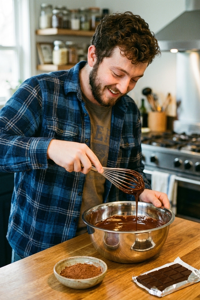 A real photograph of a stainless steel mixing bowl with glossy melted chocolate mixture being whisked on a wooden countertop, with a small bowl of cocoa powder and a bar of chocolate nearby