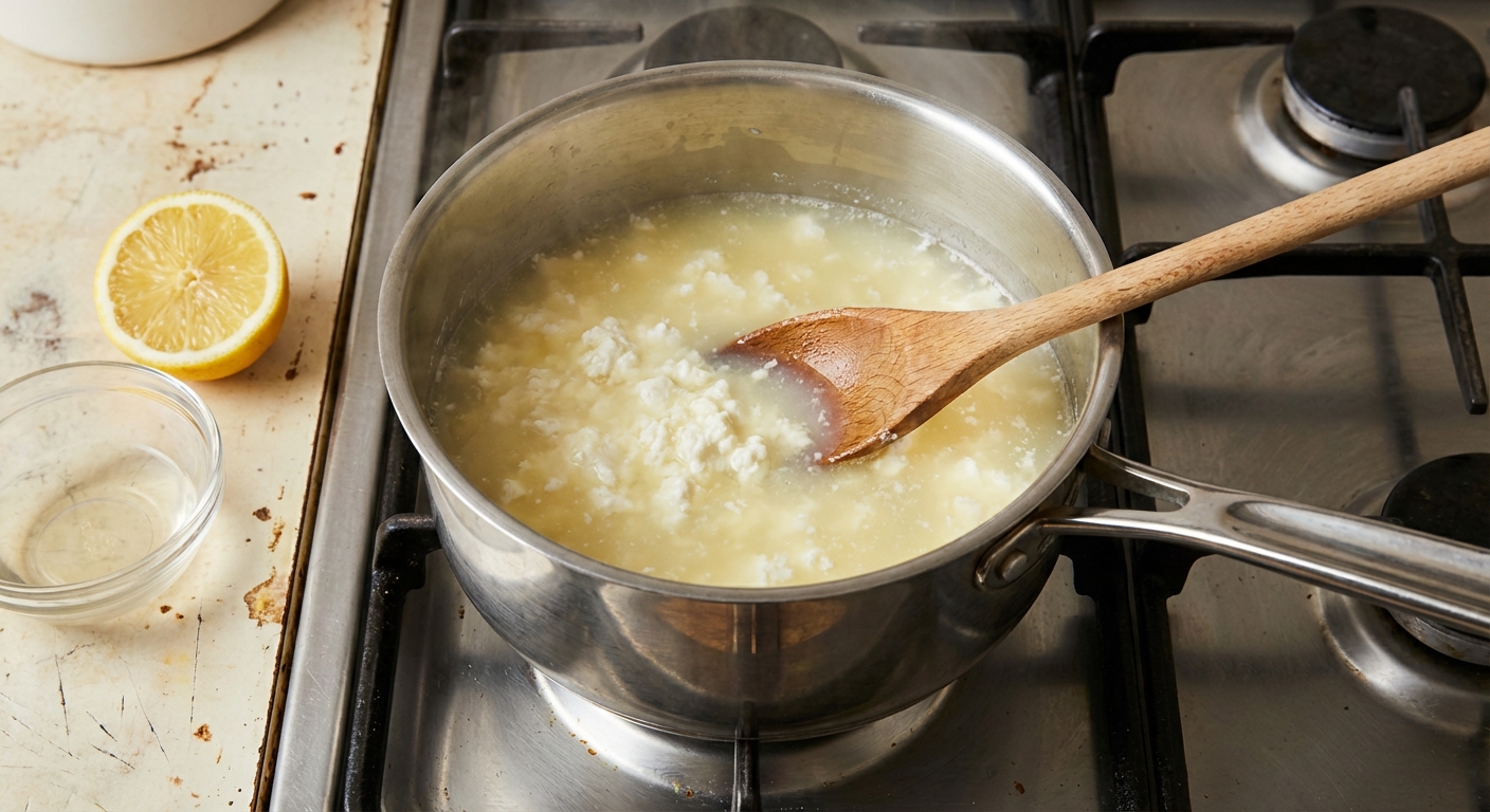 A real photograph of a stainless steel pot on a stovetop with milk curds forming in hot liquid after adding acid