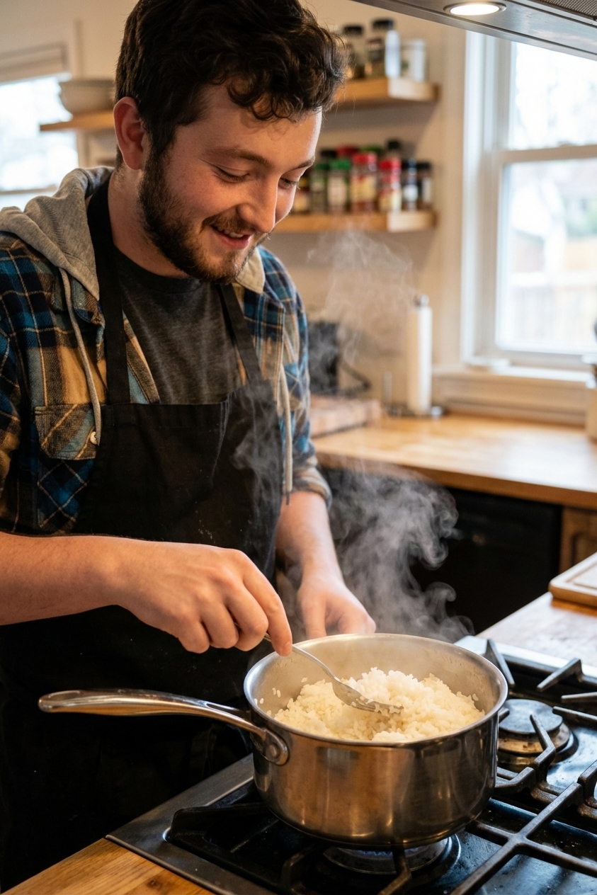 A real photograph of a stainless steel saucepan on a stovetop with the lid removed, showing freshly cooked white rice inside with steam rising and a fork ready to fluff