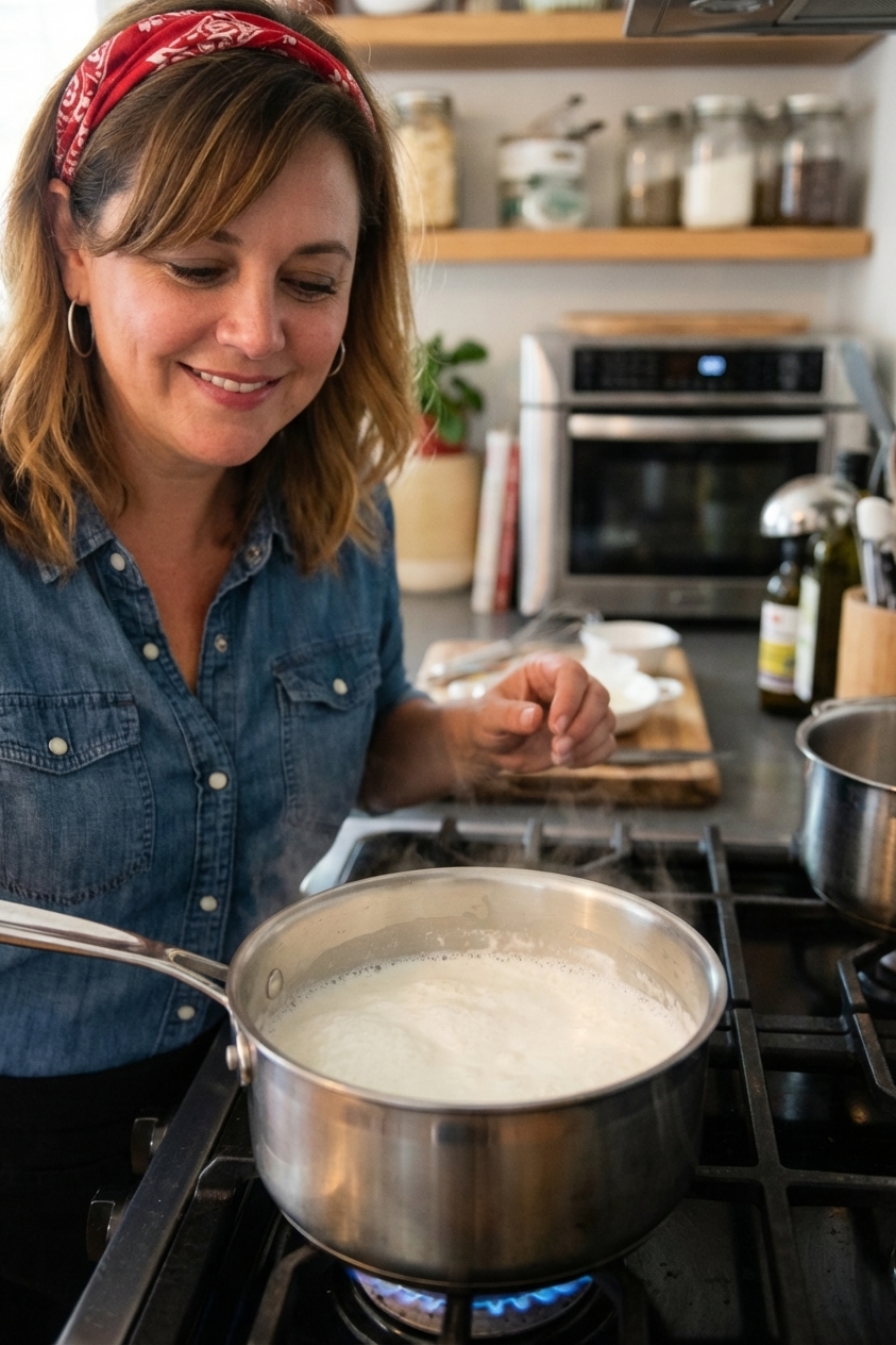 A real photograph of a stainless steel saucepan with steaming milk and cream mixture on a stovetop, gentle heat