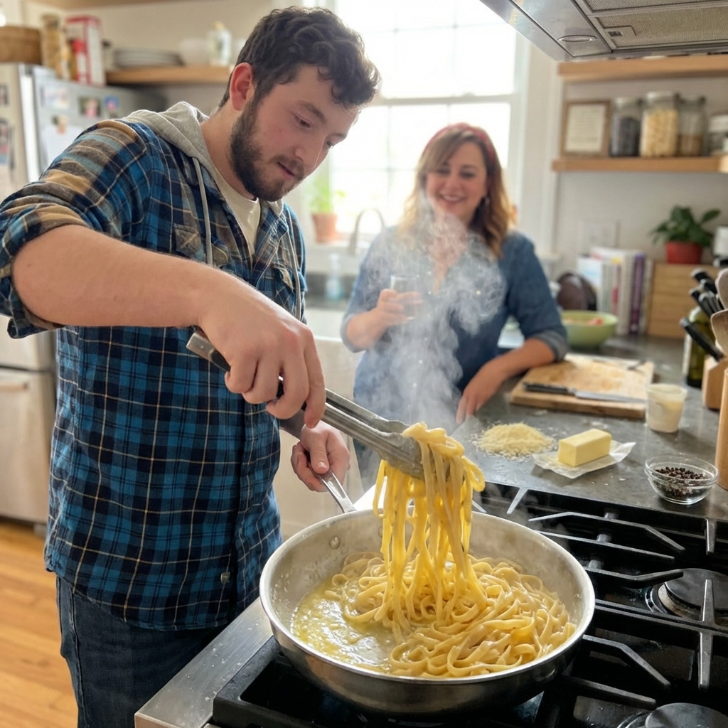 A real photograph of a stainless steel skillet on a stove with fettuccine being tossed in a glossy butter and Parmesan sauce, with steam rising and tongs in the pan
