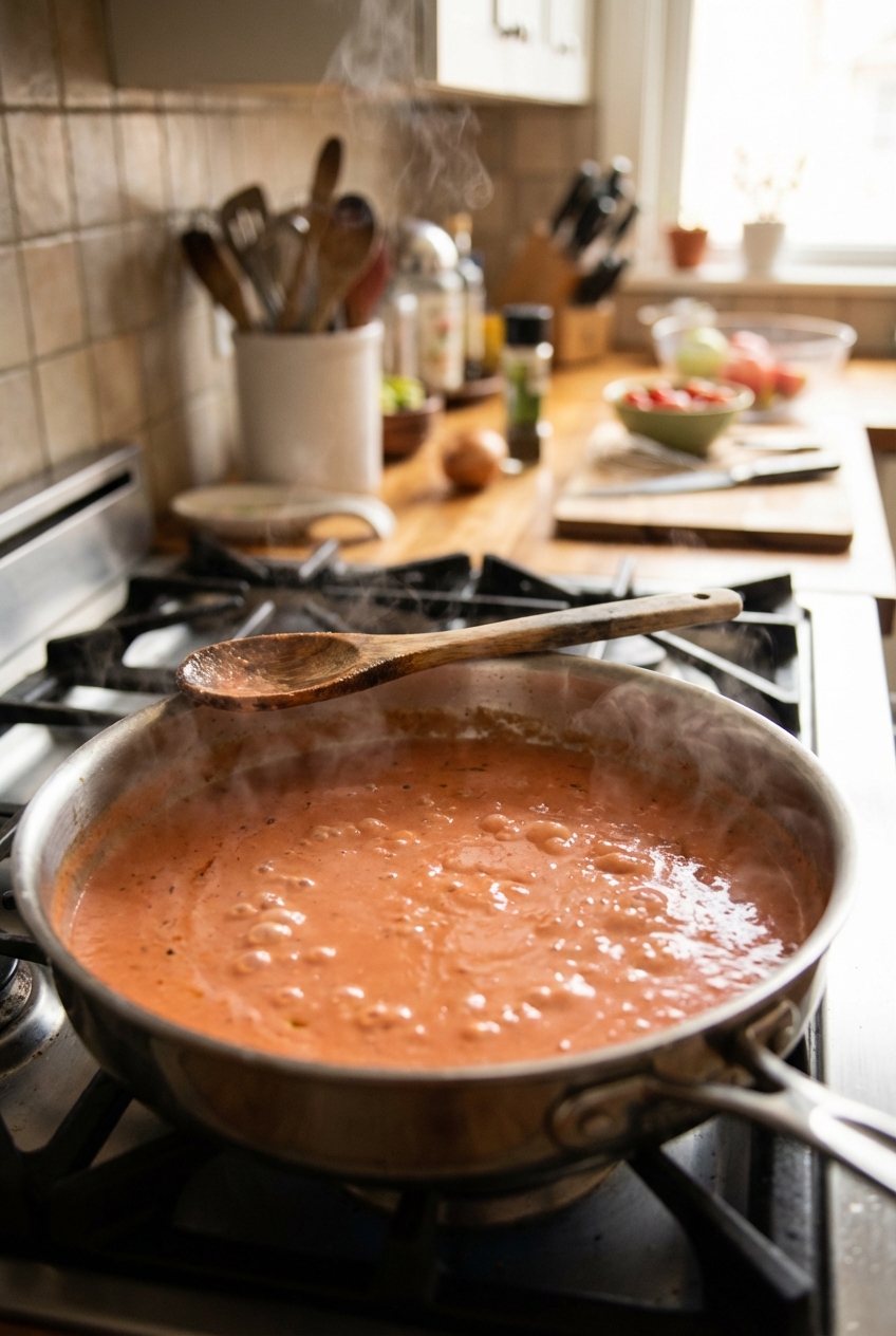 A real photograph of a stainless steel skillet with vodka sauce simmering, with a wooden spoon resting on the edge and steam rising in a home kitchen