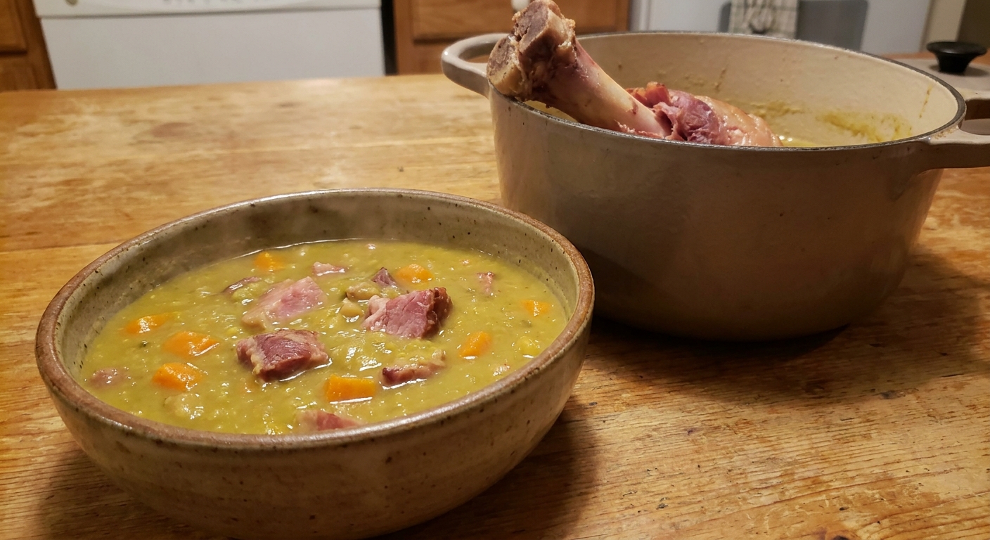 A real photograph of a steaming bowl of thick split pea soup with visible ham pieces and carrots, set beside a Dutch oven with a ham bone resting inside, warm kitchen light