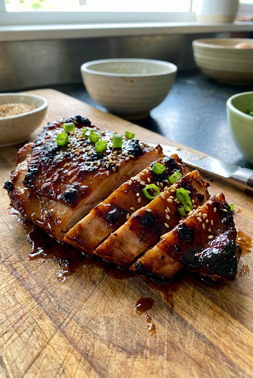 A real photograph of a sticky glazed chicken thigh sliced on a cutting board