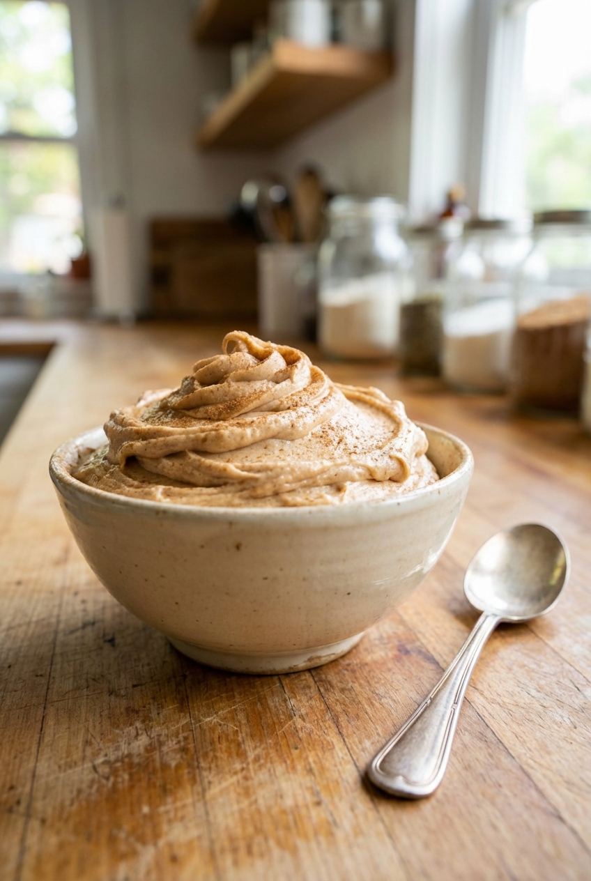 A real photograph of a swirling mound of warm spiced buttercream icing in a ceramic bowl with a spoon resting beside it on a wooden counter